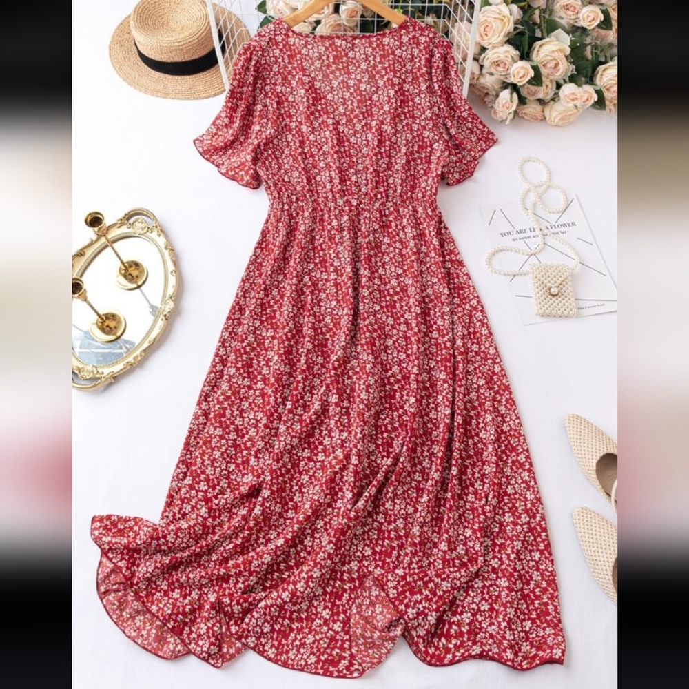 Ditsy Floral Print Surplice Neck Split Thigh Dress Size L